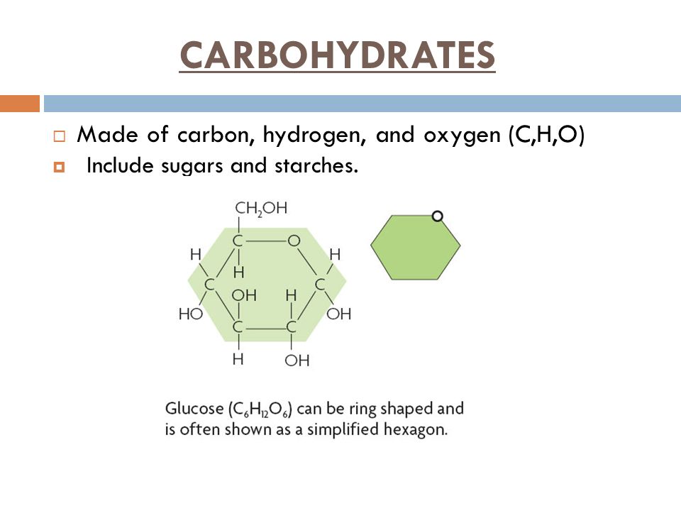 CARBOHYDRATES Made of carbon, hydrogen, and oxygen (C,H,O)