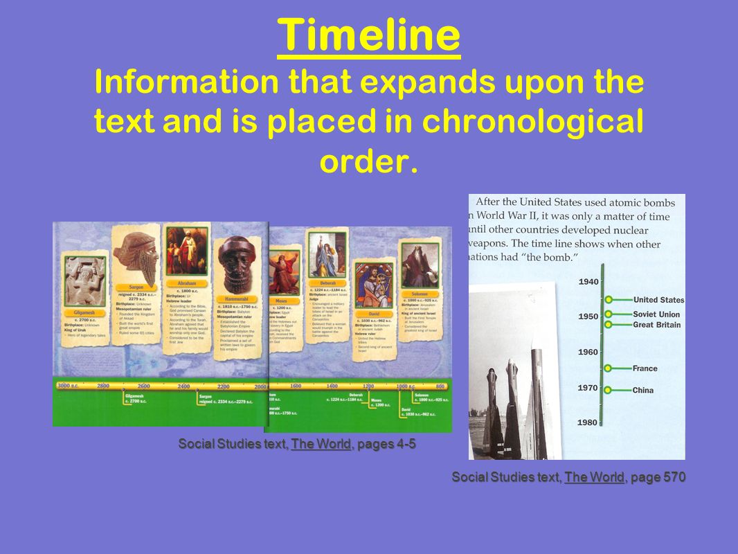 Timeline Information that expands upon the text and is placed in chronological order.