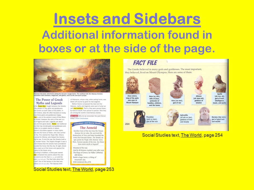 Insets and Sidebars Additional information found in boxes or at the side of the page.