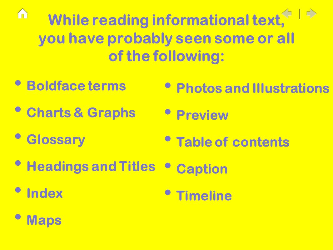While reading informational text, you have probably seen some or all of the following: