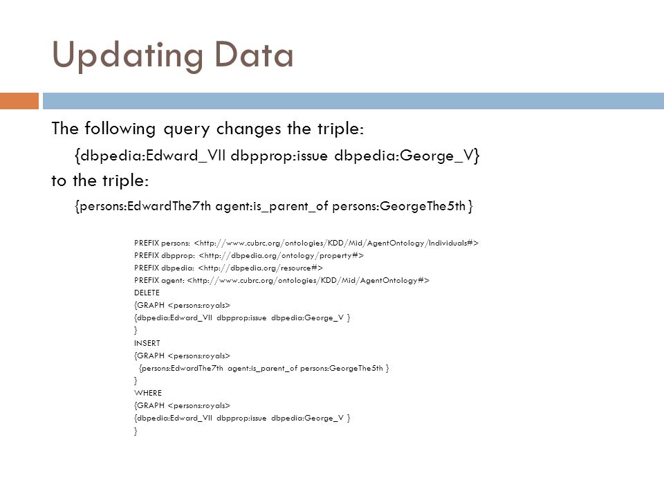 Updating Data The following query changes the triple: