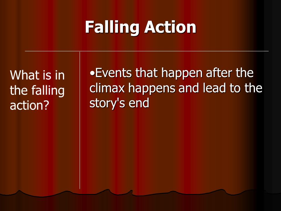 Falling Action Events that happen after the climax happens and lead to the story s end.