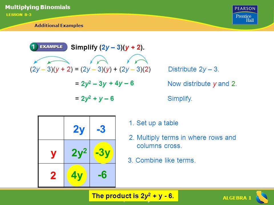 2y -3 y 2y2 -3y 2 4y -6 Simplify (2y – 3)(y + 2).