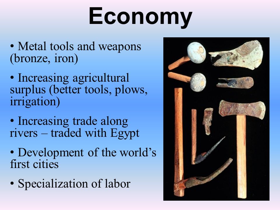 Economy • Metal tools and weapons (bronze, iron)