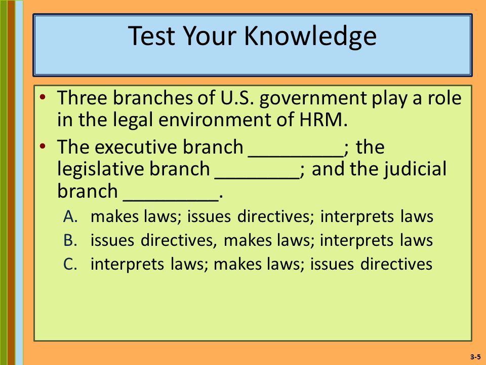 Test Your Knowledge Three branches of U.S. government play a role in the legal environment of HRM.