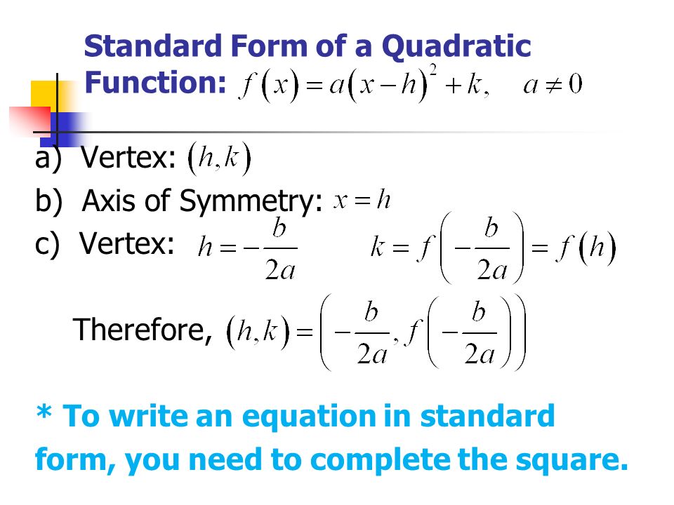 Standard Form of a Quadratic Function: