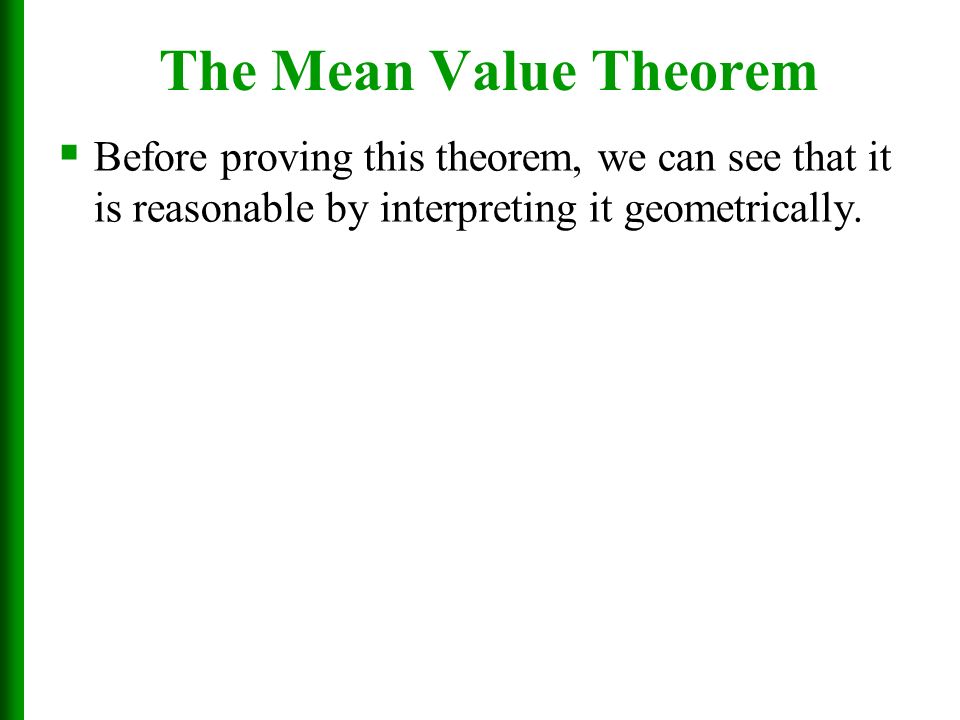 The Mean Value Theorem Before proving this theorem, we can see that it is reasonable by interpreting it geometrically.