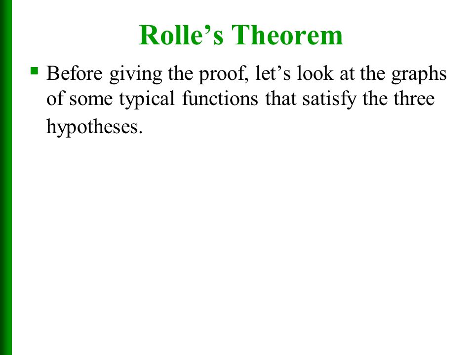 Rolle’s Theorem Before giving the proof, let’s look at the graphs of some typical functions that satisfy the three hypotheses.