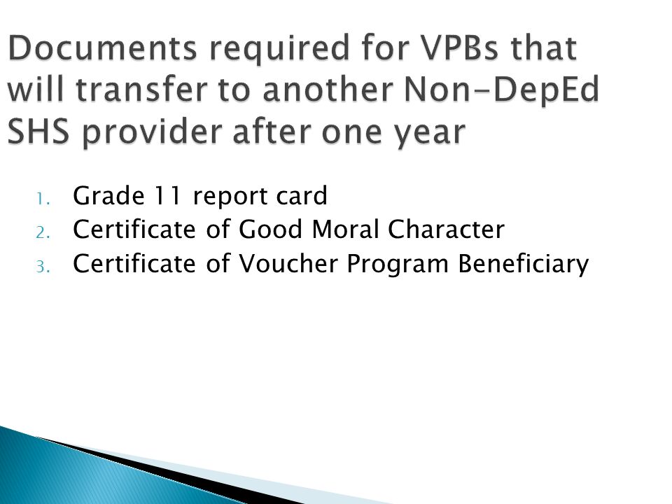 Documents required for VPBs that will transfer to another Non-DepEd SHS provider after one year
