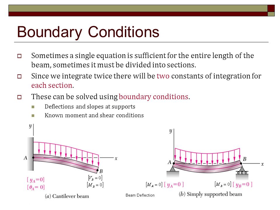 Boundary Conditions Sometimes a single equation is sufficient for the entire length of the beam, sometimes it must be divided into sections.