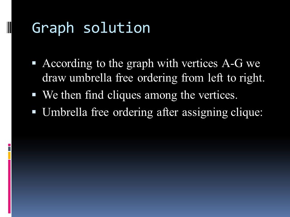 Graph solution According to the graph with vertices A-G we draw umbrella free ordering from left to right.