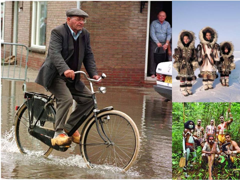 FIGURE 4-15 DUTCH WOODEN SHOES A man wearing wooden shoes bikes on a flooded street in Stellendam, Netherlands.