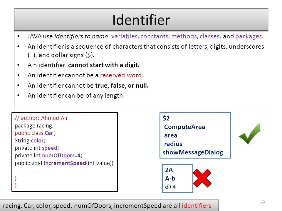 Identifier JAVA use identifiers to name variables, constants, methods, clas...