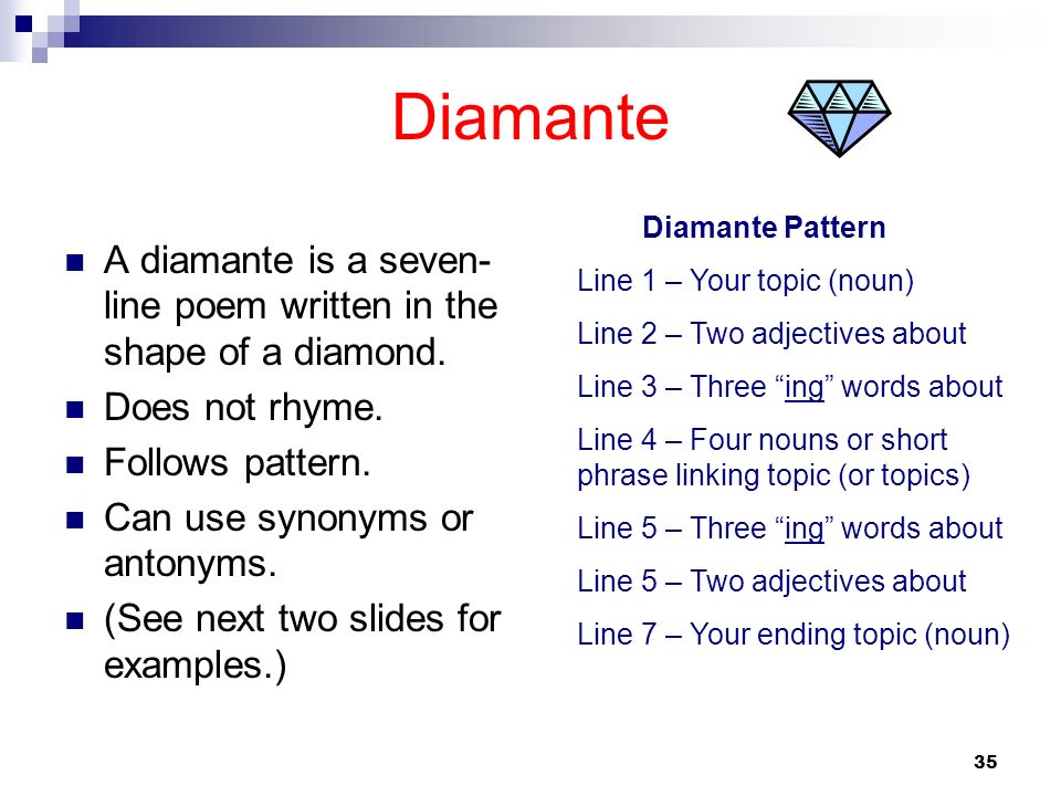 Diamante Diamante Pattern. Line 1 – Your topic (noun) Line 2 – Two adjectives about. Line 3 – Three ing words about.