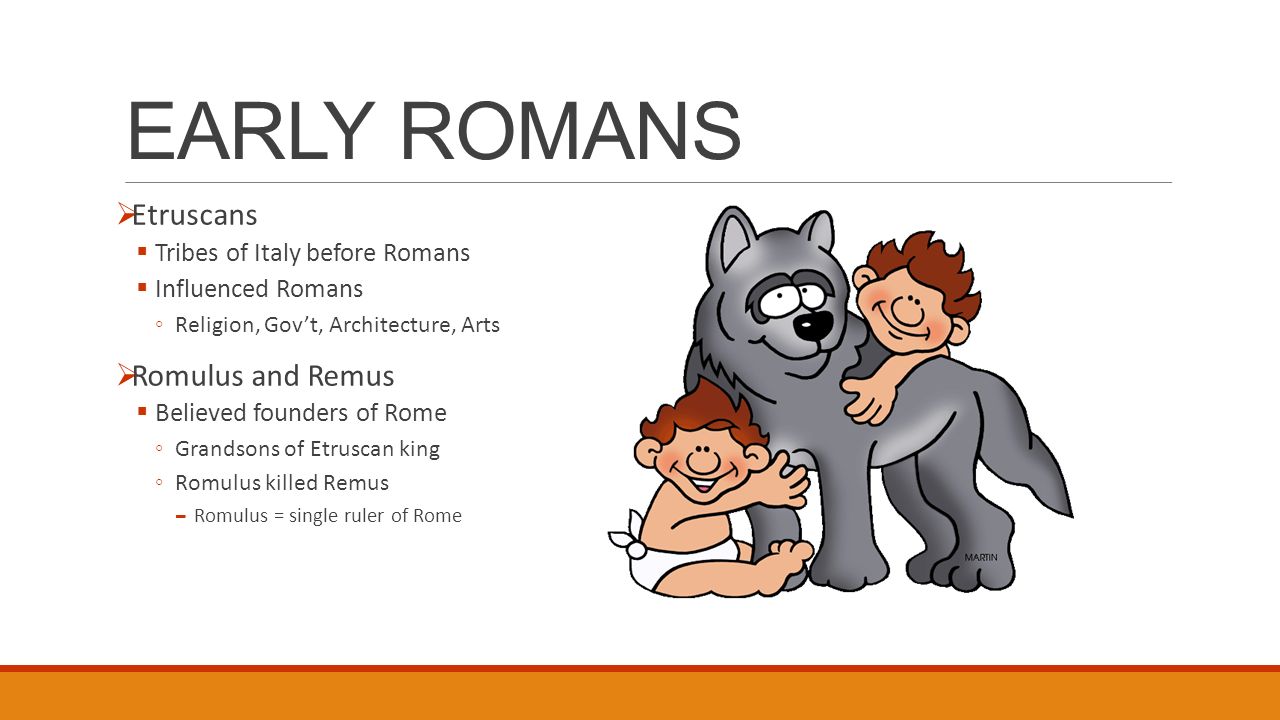 EARLY ROMANS Etruscans Romulus and Remus Tribes of Italy before Romans