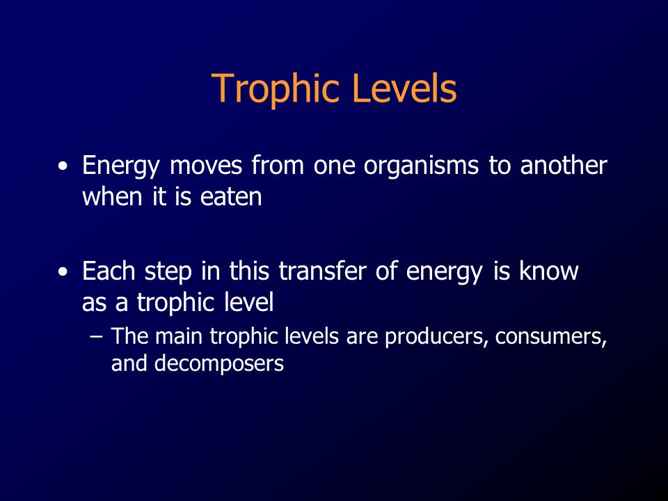 Trophic Levels Energy moves from one organisms to another when it is eaten. Each step in this transfer of energy is know as a trophic level.