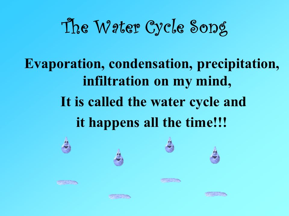 The Water Cycle Song Evaporation, condensation, precipitation, infiltration on my mind, It is called the water cycle and.