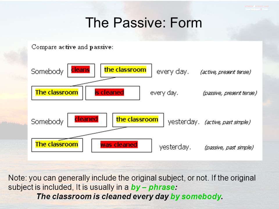 The rooms clean every day passive. Passive Voice negative form. Include Passive form. Change the Passive form into the Active the old Bridge. Subject to to be subject to to subject Somebody.