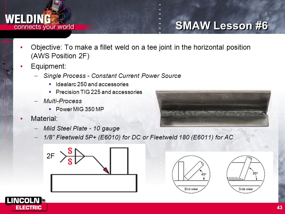 SMAW Lesson #6 Objective: To make a fillet weld on a tee joint in the horizontal position (AWS Position 2F)