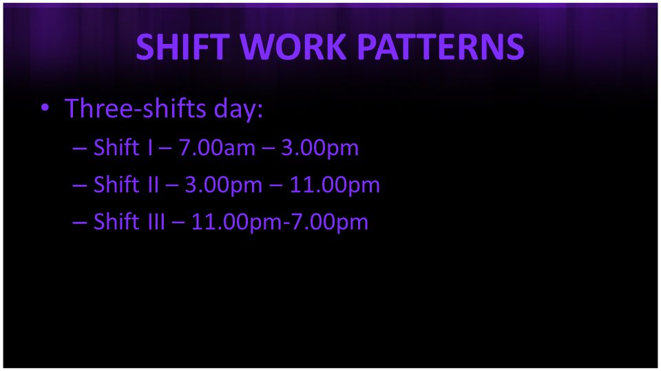 SHIFT WORK PATTERNS Three-shifts day: Shift I – 7.00am – 3.00pm