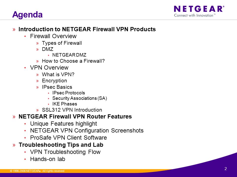Agenda Introduction to NETGEAR Firewall VPN Products Firewall Overview