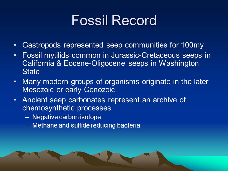 Fossil Record Gastropods represented seep communities for 100my