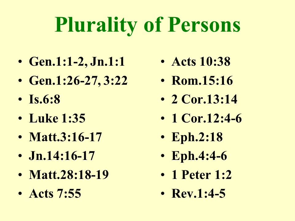 Plurality of Persons Gen.1:1-2, Jn.1:1 Gen.1:26-27, 3:22 Is.6:8