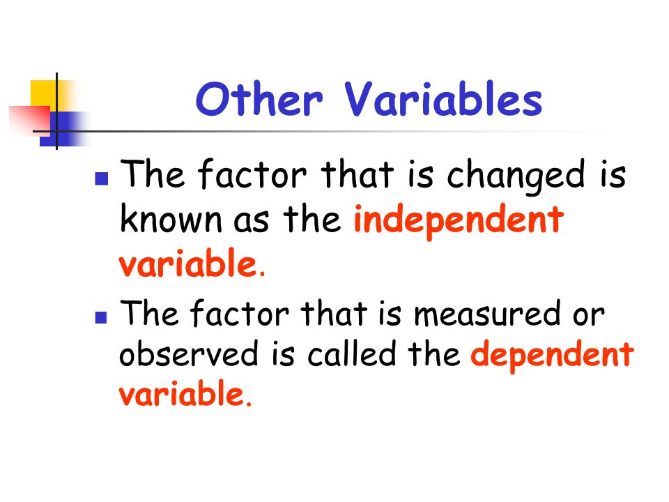Other Variables The factor that is changed is known as the independent variable.