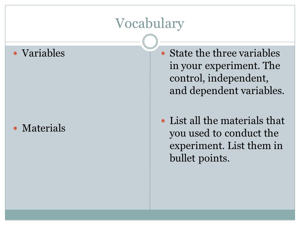 Vocabulary Variables Materials