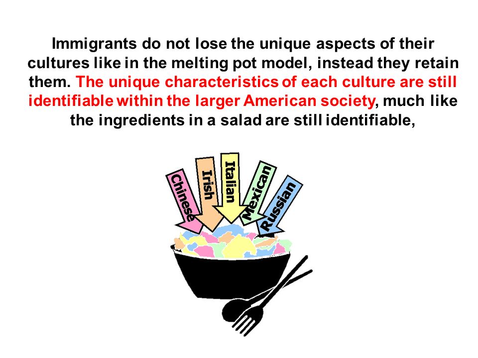Immigrants do not lose the unique aspects of their cultures like in the melting pot model, instead they retain them.
