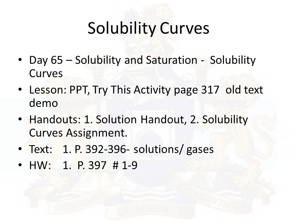 Solubility Curves Day 65 – Solubility and Saturation - Solubility Curves. Lesson: PPT, Try This Activity page 317 old text demo.