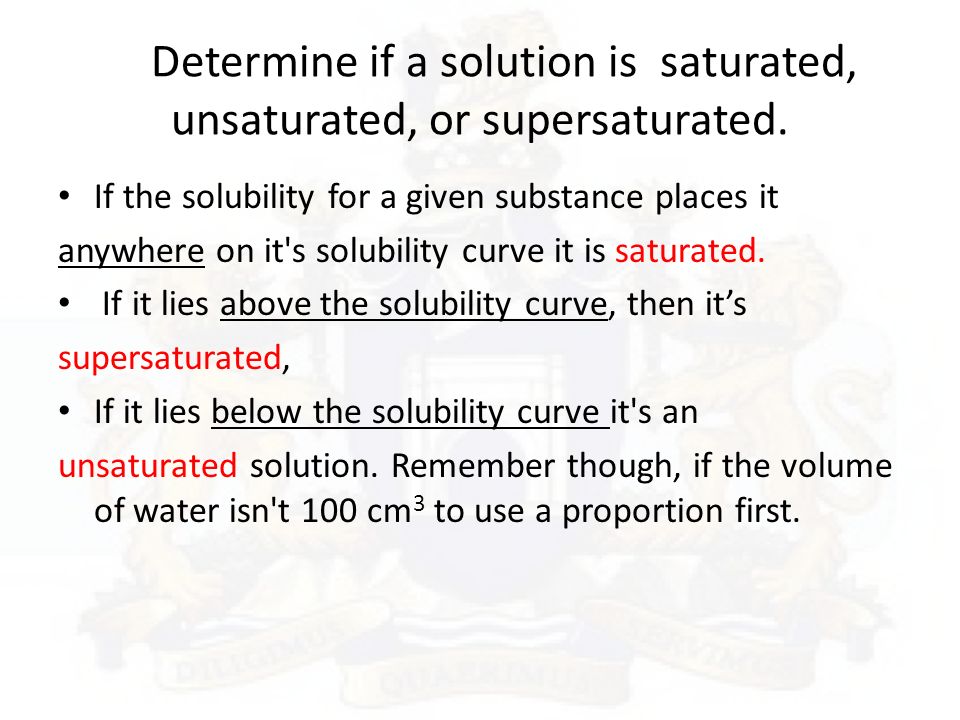 Determine if a solution is saturated, unsaturated, or supersaturated.