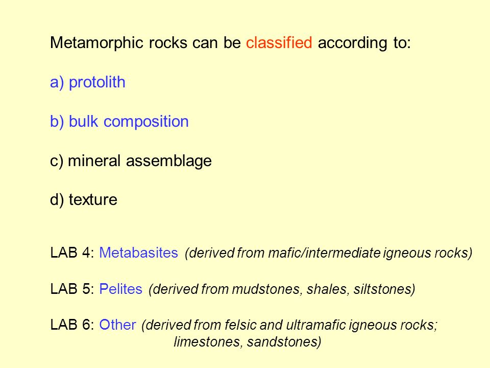 Metamorphic rocks can be classified according to: a) protolith