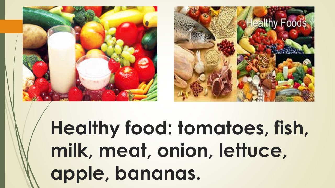 Healthy food: tomatoes, fish, milk, meat, onion, lettuce, apple, bananas.