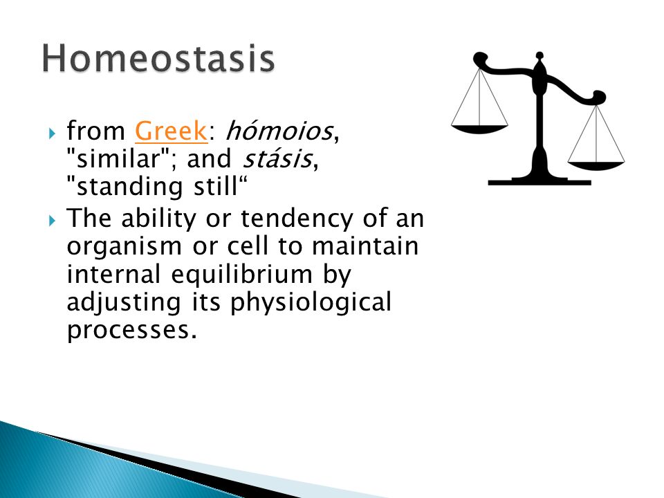 Homeostasis from Greek: hómoios, similar ; and stásis, standing still