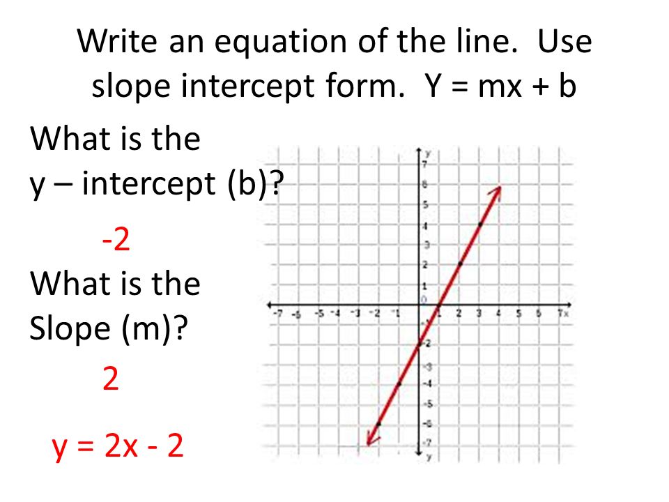 Write an equation of the line. Use slope intercept form. Y = mx + b