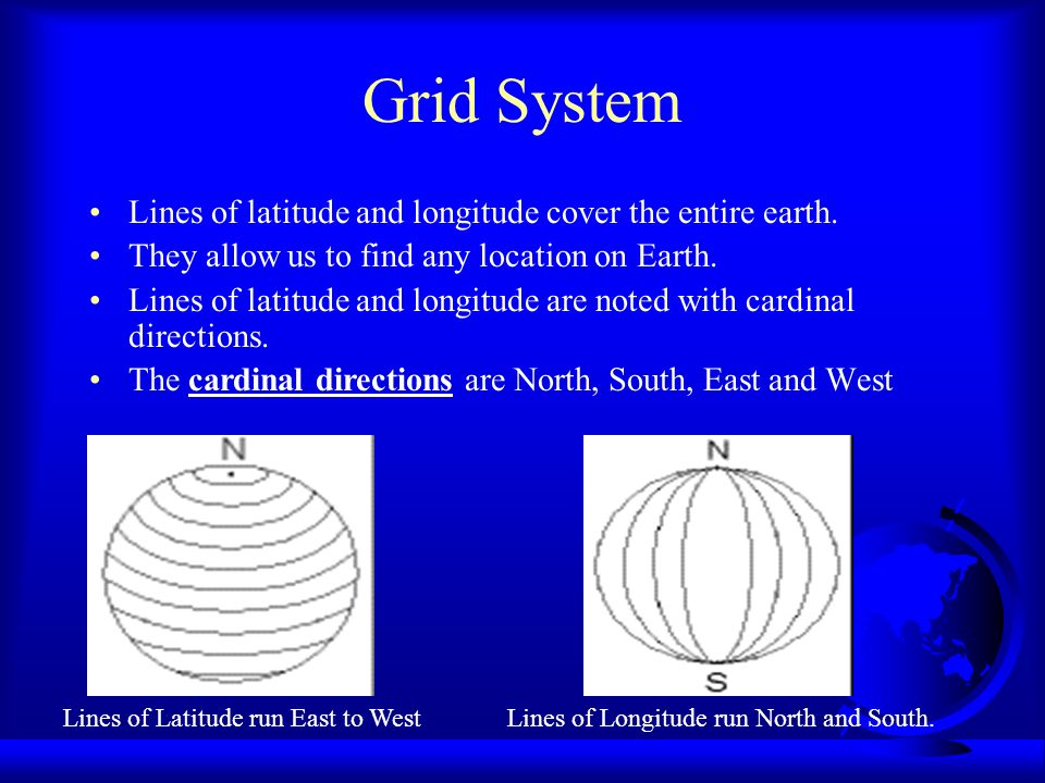 Grid System Lines of latitude and longitude cover the entire earth.