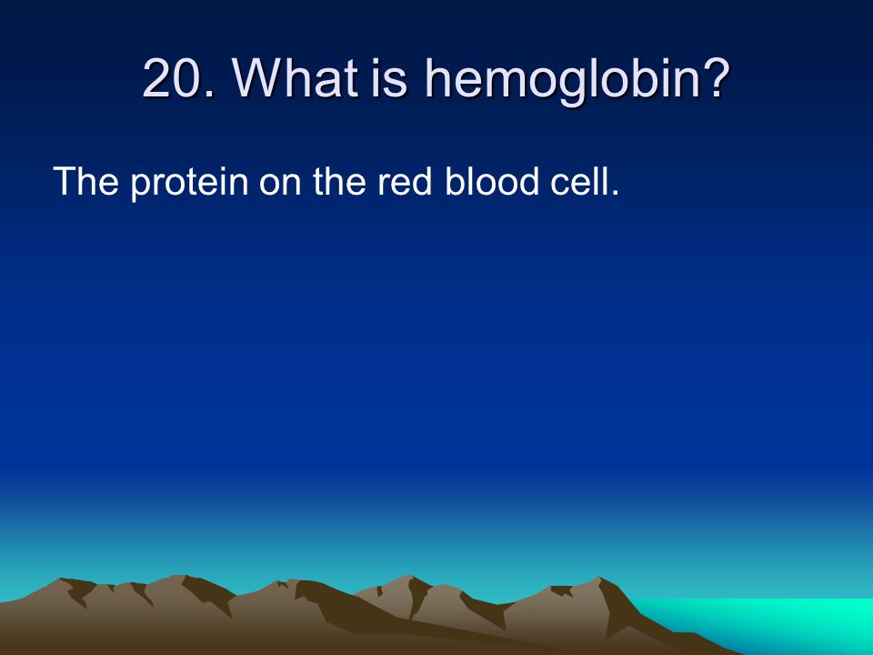 20. What is hemoglobin The protein on the red blood cell.