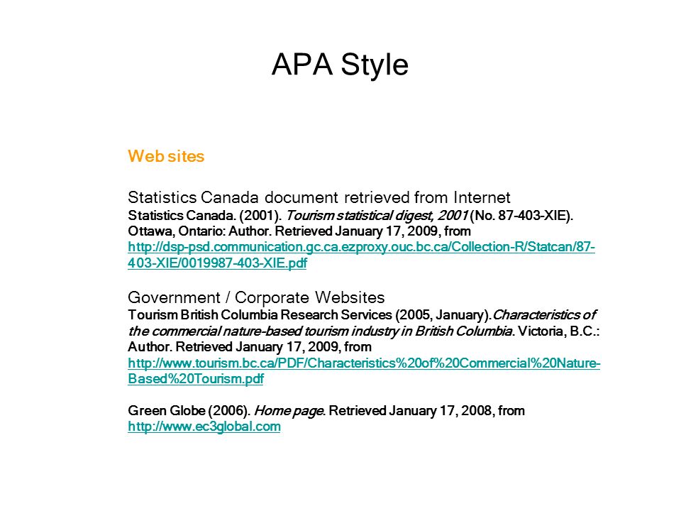 APA Style Web sites Statistics Canada document retrieved from Internet