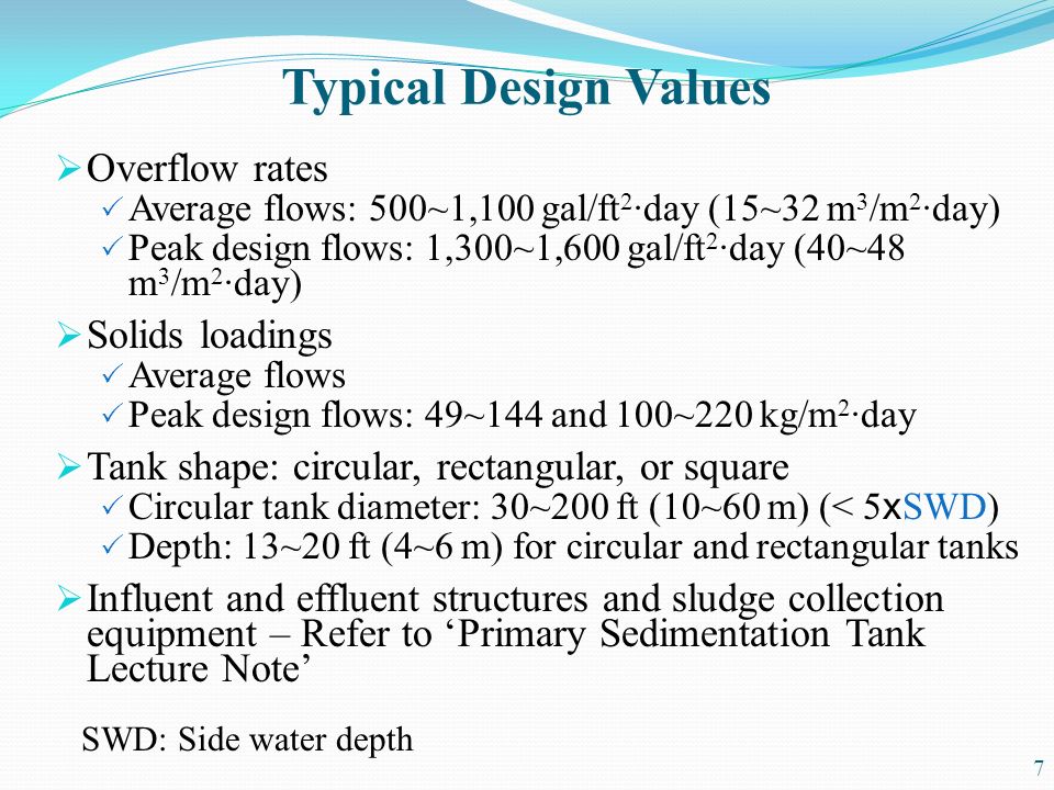 Typical Design Values Overflow rates Solids loadings