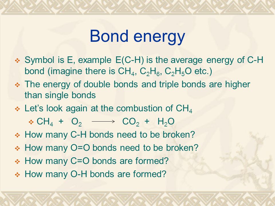 Bond energy Symbol is E, example E(C-H) is the average energy of C-H bond (imagine there is CH4, C2H6, C2H5O etc.)