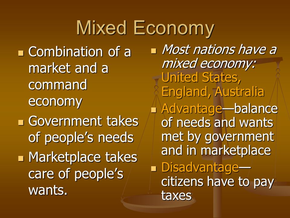 Mixed Economy Combination of a market and a command economy