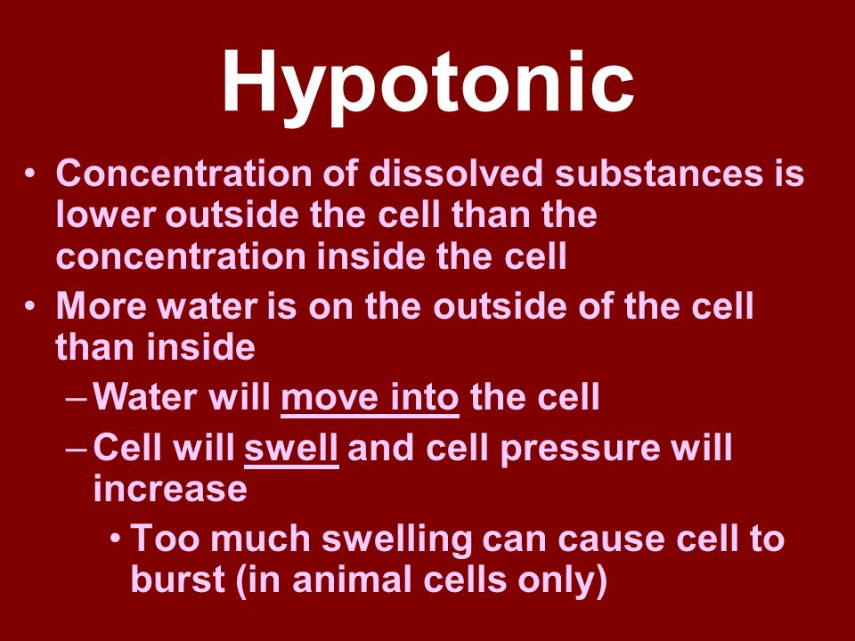 Hypotonic Concentration of dissolved substances is lower outside the cell than the concentration inside the cell.