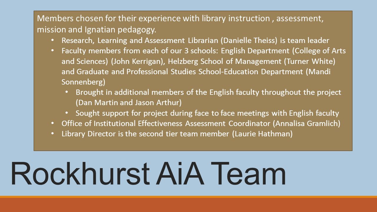 Members chosen for their experience with library instruction , assessment, mission and Ignatian pedagogy.