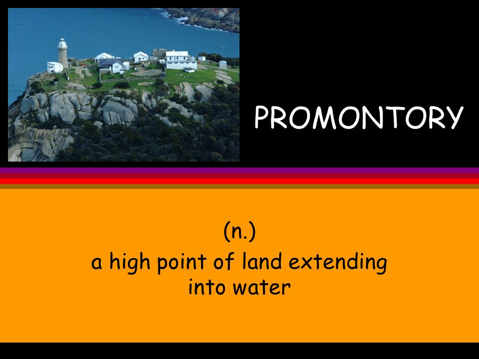 (n.) a high point of land extending into water