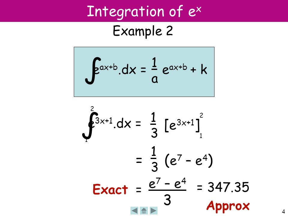 ∫ ∫ Integration of ex [e3x+1] = (e7 – e4) 3 Example 2