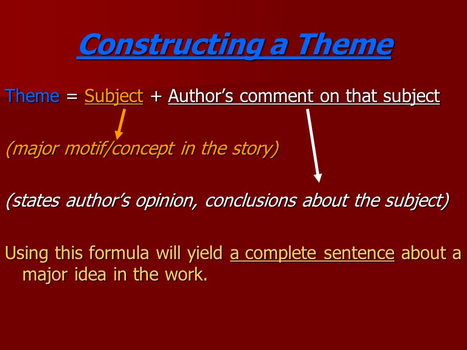 Constructing a Theme Theme = Subject + Author’s comment on that subject. (major motif/concept in the story)