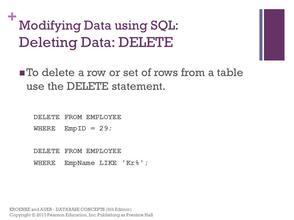 Modifying Data using SQL: Deleting Data: DELETE