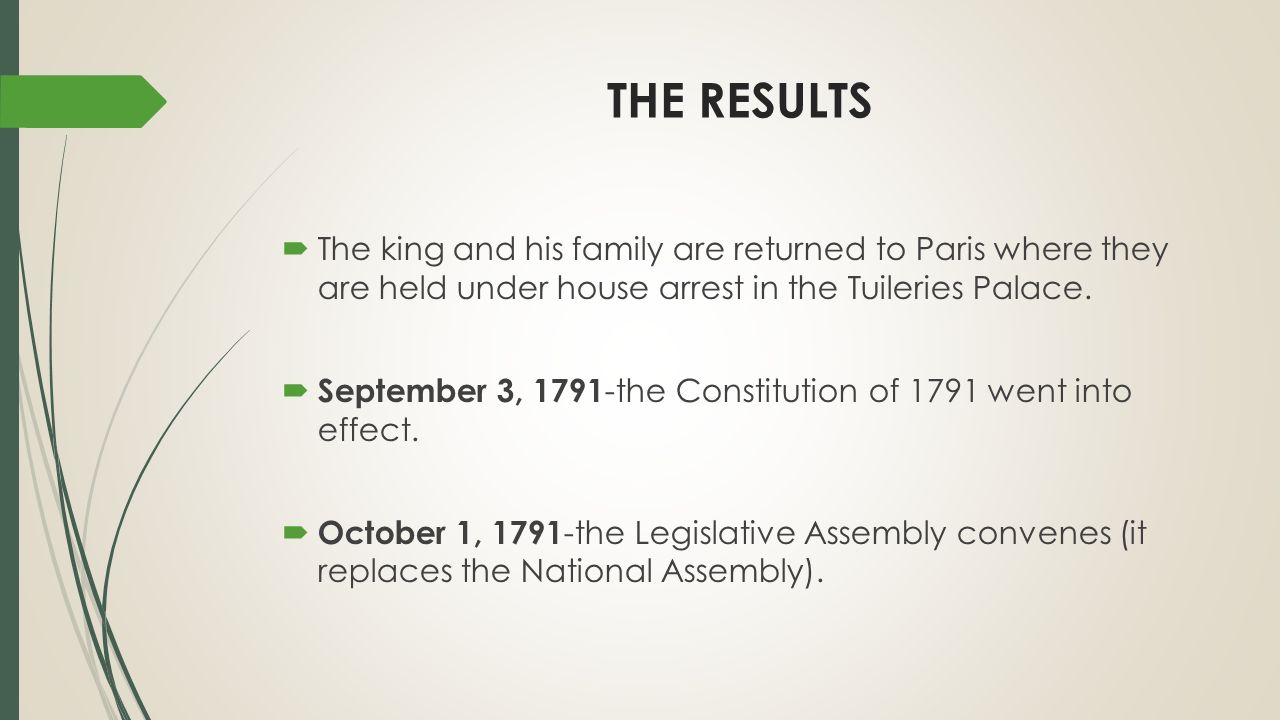 THE RESULTS The king and his family are returned to Paris where they are held under house arrest in the Tuileries Palace.