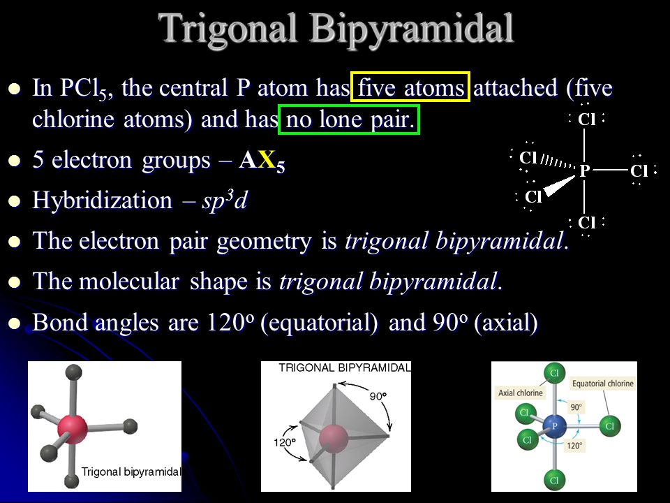 Trigonal Bipyramidal In PCl5, the central P atom has five atoms attached (f...